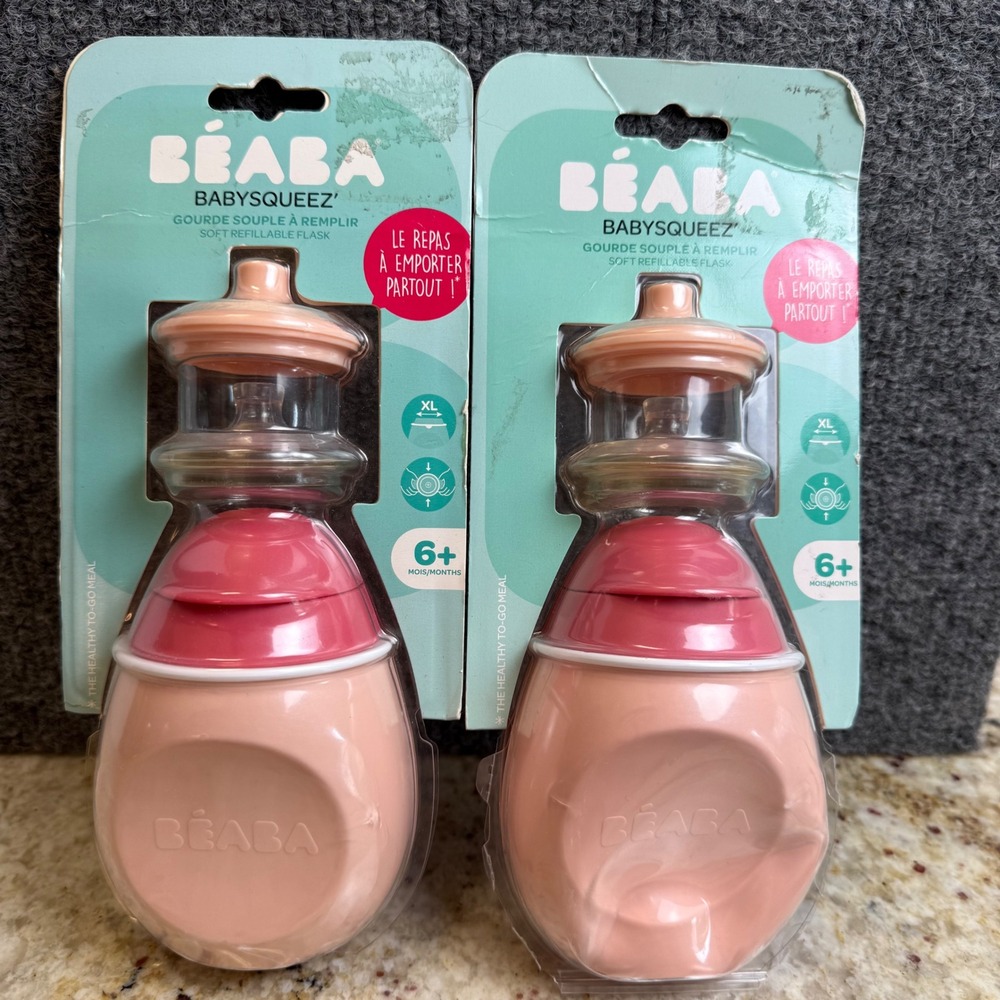 Beaba BabySqueez 2-in-1 Refillable Food Pouch 6oz 180ml Pink Set of 2 NIP